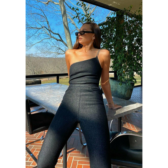 NEW WeWoreWhat Asymmetrical Chain Denim Overall - Picture 2 of 5